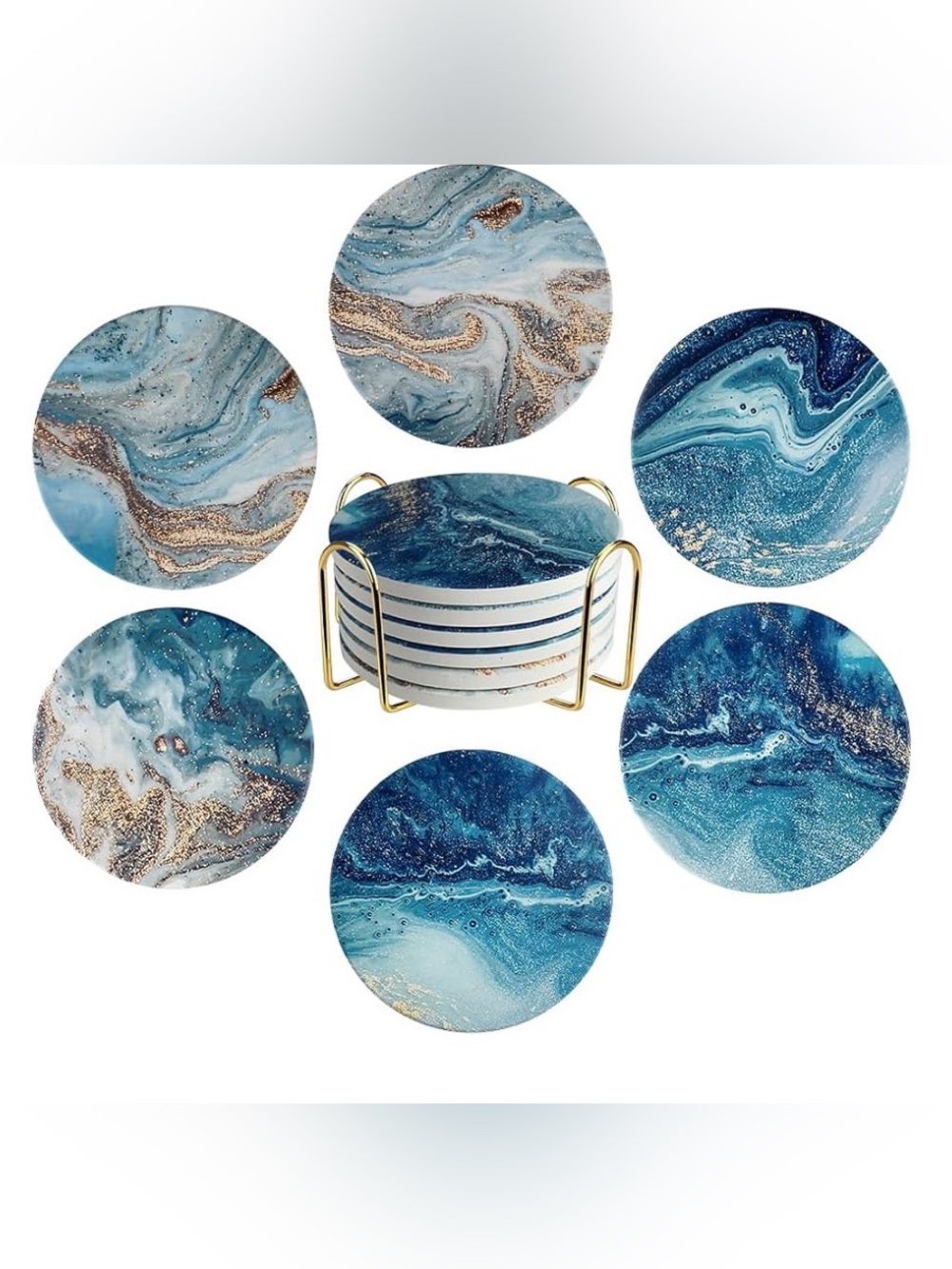 Set of 6 Absorbent Ceramic Coasters with Cork Backing, Blue Ocean Design.